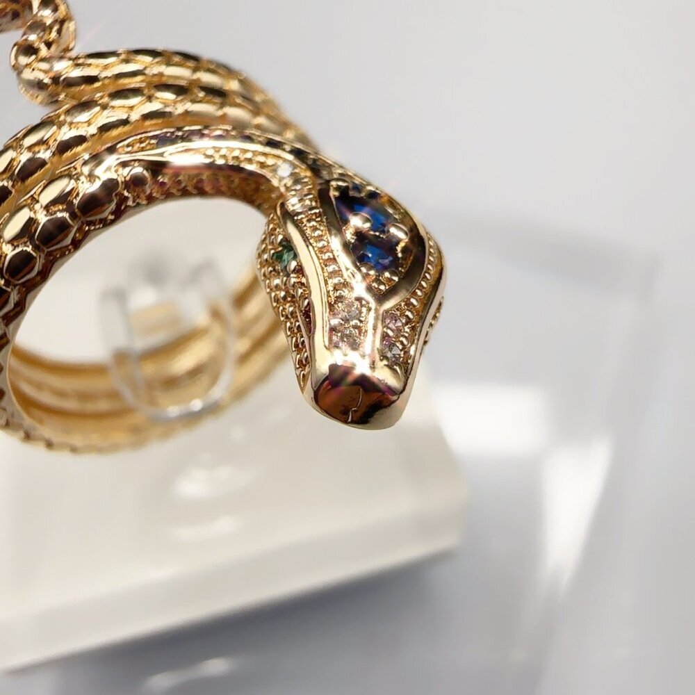 Gold Snake Ring With Blue & Clear Stones Serpent Design size 7 - Picture 3 of 8